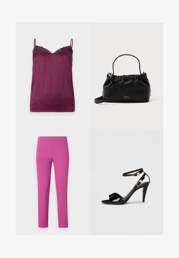 TWINSET WOVEN TOP - Top - bordeaux; Pantalones ajustados de cintura alta en un vibrante color rosa, hechos de una tela lisa y elástica. Corte hasta los tobillos sin bolsillos ni cierres visibles.; Sандalia de tacón alto de charol negro con dobles correas en el tobillo y hebillas doradas, punta abierta y tacón delgado y afilado sobre un fondo neutro.; Bolso de piel negra con parte superior fruncida, una asa corta y una correa de hombro removible. Presenta un acento de logo dorado y una textura suave.