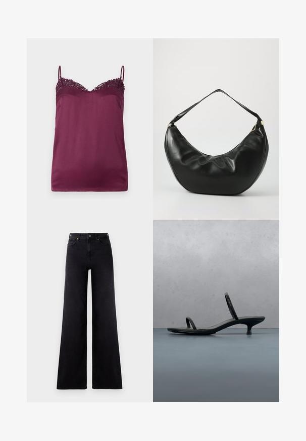 TWINSET WOVEN TOP - Top - bordeaux; Čierne široké džínsy s vysokým pásom, prednými vreckami, pútkami na opasok a zapínaním na gombík.; Čierna sandála Calvin Klein na podpätku s tenkými remienkami, vyvážená na drevených dlaždiciach vonku pri stene a zelene.; Čierna kožená taška cez rameno s zakriveným tvarom, mäkkou textúrou a jedným popruhom; má zlatý zips a nenápadné logo.