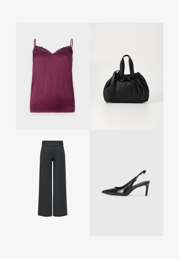 TWINSET WOVEN TOP - Top - bordeaux; Sorte bukser med vide ben, høj talje og knapdetaljer på taljen, frontsøm og lige kant.; Sort læder slingback højhælede sko med spidse tæer, glat overflade og en smal ankelrem med guldfarvede hardware detaljer.; Sort læderhåndtaske med en samlet topdesign, der har to korte håndtag og en lang justerbar rem. Glat overflade, rund form.