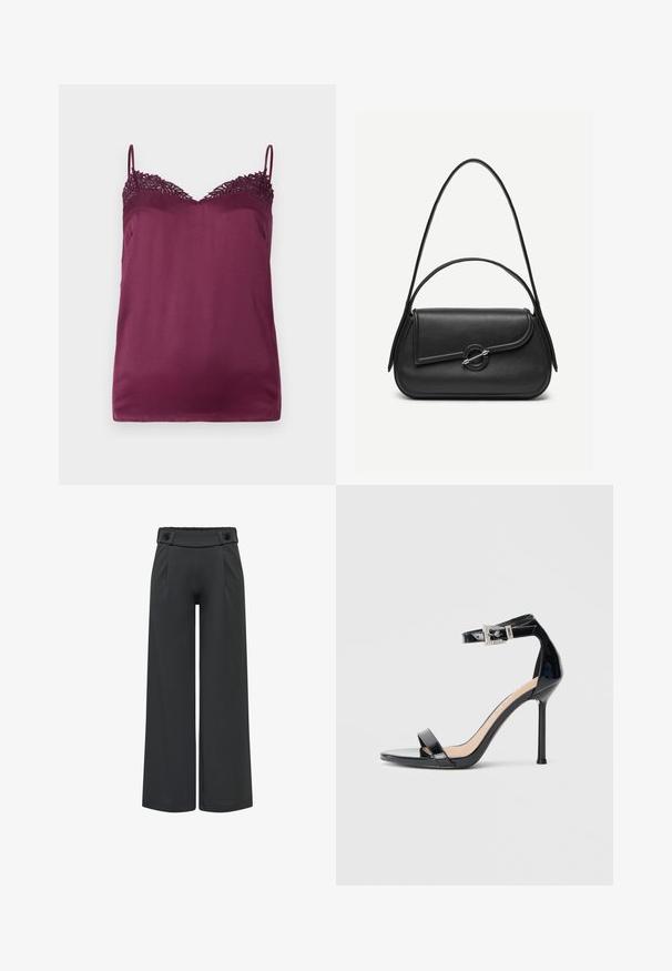 TWINSET WOVEN TOP - Top - bordeaux; Čierne nohavice s širokými nohavicami, vysokým pásom a gombíkovými detailmi na páse, prednom šve a rovnom leme.; Čierna vysoká sandála z lakovanej kože s popruhom okolo členka. Vyznačuje sa minimalistickým dizajnom, otvorenou špičkou a prackou zdobenou trblietavými kamienkami.; Čierna kožená kabelka s zaoblenými hranami, asymetrickým klopou, kovovou okrúhlou zapínacou sponou a krátkymi aj dlhými ramennými popruhmi.
