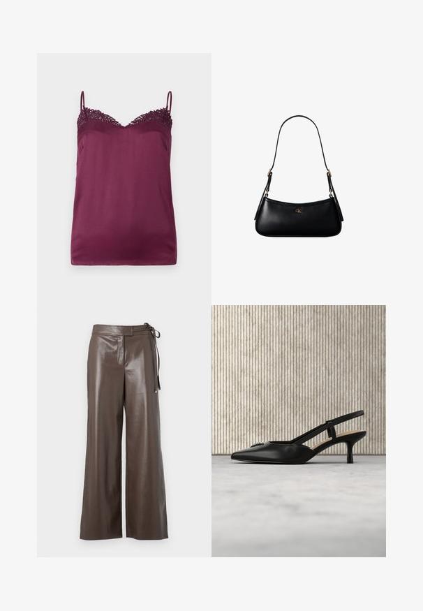 TWINSET WOVEN TOP - Top - bordeaux; Brune faux læder vide bukser med høj talje og sidesnor-detalje på hvid baggrund.; Sort slingback sko med kittenhæl, spids tå og metallogo, der svæver nær en reflekterende overflade og et metalstativ med papirer.; Sort læder mini skuldertaske med tynd rem og lille gyldent CK-logo på fronten i midten.