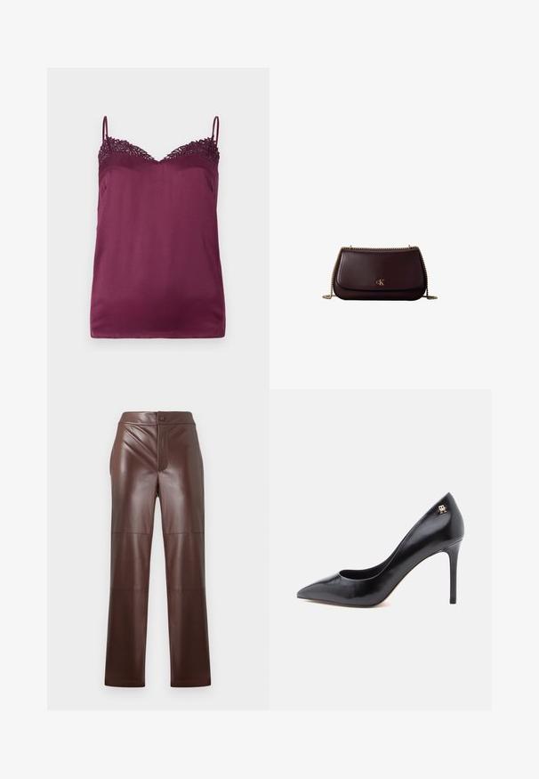 TWINSET WOVEN TOP - Top - bordeaux; Pantalones de imitación cuero marrón con corte recto y textura suave. Presentan un cierre frontal con cremallera y botón, complementado con costuras en tono.; Zapato de tacón alto de cuero negro con punta puntiaguda, con un diseño recortado y un pequeño detalle de logo dorado en el talón.; Bolso bandolera de piel marrón oscuro con correa de cadena dorada y logotipo dorado "cK" en la solapa frontal.