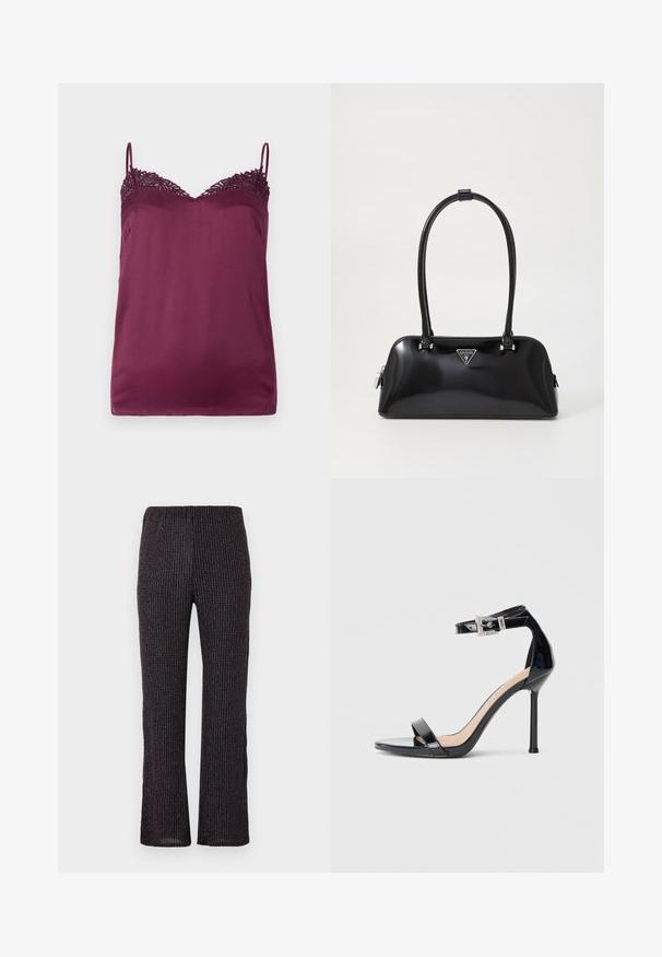 TWINSET WOVEN TOP - Top - bordeaux; Pantalones negros acanalados con una cintura elástica, que cuentan con un corte de pierna recta y sutiles destellos iridiscentes por todo el tejido texturizado.; Sandalia de tacón alto en piel sintética negra con correa en el tobillo. Presenta un diseño minimalista, punta abierta y una hebilla con detalles de pedrería.; Bolso de mano negro brillante con una silueta curva, dos asas y una placa de logo en la parte frontal. Cierre de cremallera y acentos de hardware brillante.