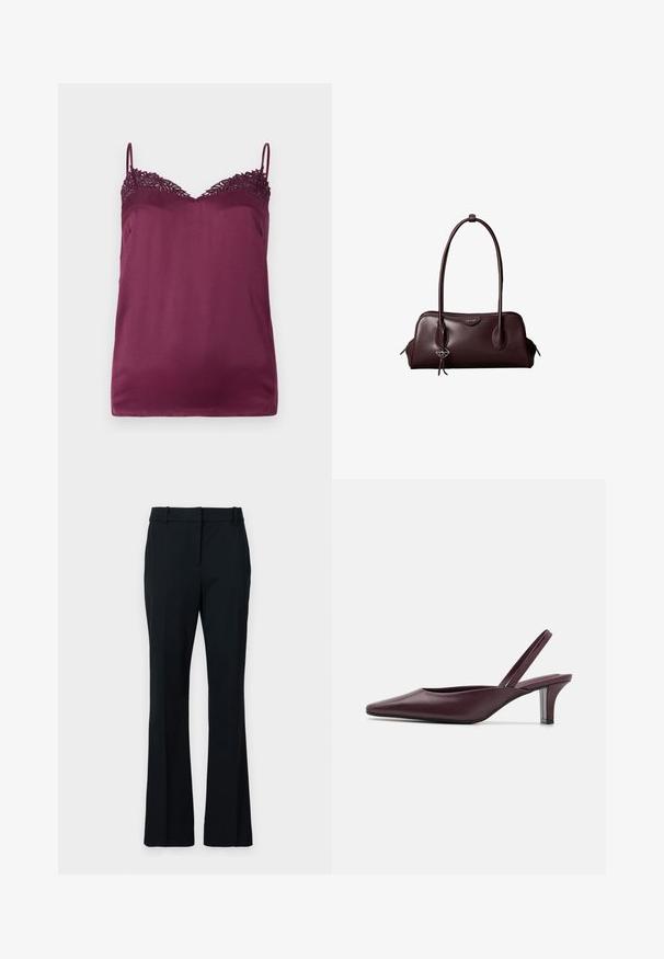 TWINSET WOVEN TOP - Μπλούζα - bordeaux; Μαύρο φαρδύ παντελόνι από λείο ύφασμα. Διαθέτει επίπεδο μπροστινό μέρος, θηλιές ζώνης και κομψή εφαρμογή που διευρύνεται σταδιακά προς τα κάτω.; Γυναικεία slingback τακούνια σε βουργουνδί χρώμα με μυτερή μύτη, κομψό δερμάτινο φινίρισμα και διαφανές τετράγωνο τακούνι. Μινιμαλιστικός σχεδιασμός και απαλή υφή.; Σκούρα καφέ δερμάτινη τσάντα Calvin Klein με μακριές διπλές λαβές και ένα μικρό κρεμαστό λογότυπο κρεμασμένο από μία λαβή.