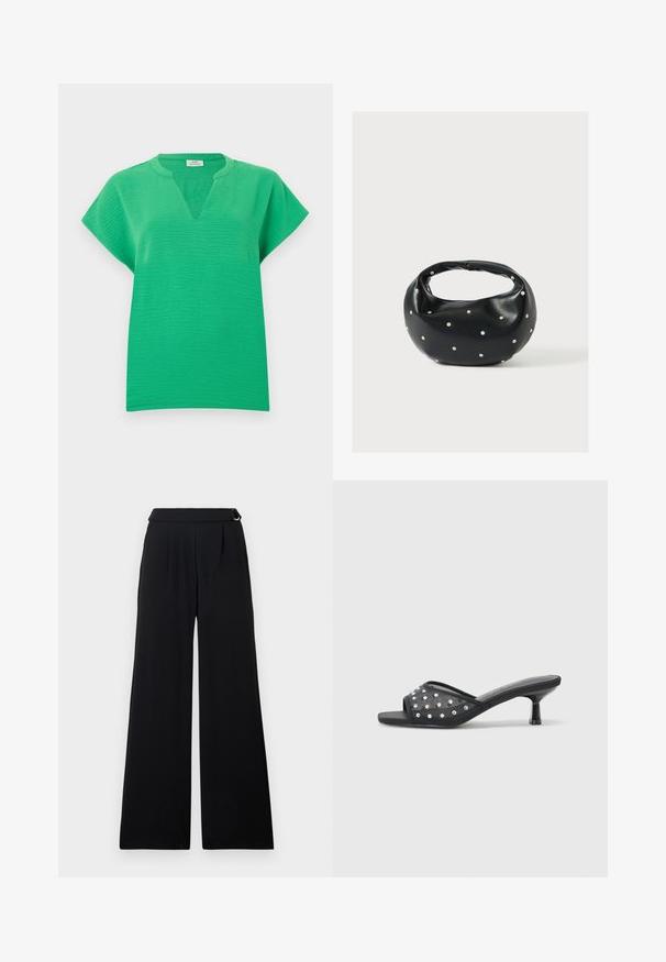 Chemisier vert vif à manches courtes avec tissu texturé et encolure en V, présenté sur un fond blanc uni.; Pantalon noir à jambes larges avec taille haute, plis sur le devant et détail de boucle latérale sur la ceinture.; Sandale à talon bas ouverte noire avec un tissu transparent orné de clous décoratifs transparents et une semelle lisse.; Sac à main en cuir noir de forme arrondie, décoré de clous argentés et équipé d'une poignée courte. Texture lisse et fermeture éclair.