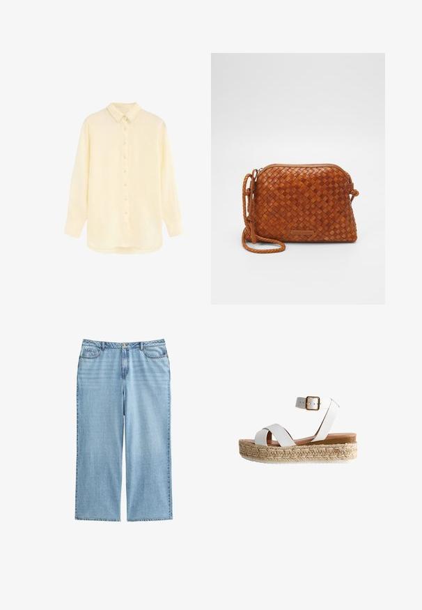 Camisa crema de manga larga, abotonada, con cuello puntiagudo y dobladillo redondeado, mostrada extendida sobre un fondo blanco.; Culottes de mezclilla azul claro con cintura alta, piernas anchas y diseño de cinco bolsillos, con costuras en contraste y cierre de botón.; Sandalia blanca de cuña con correa al tobillo, suela de plataforma de yute trenzado y hebilla dorada sobre fondo blanco.; Bolso cruzado de cuero trenzado marrón con cierre de cremallera, forma redondeada y una correa trenzada. Presenta una pequeña placa de logo rectangular.