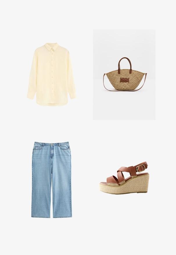 Crèmekleurig overhemd met lange mouwen en knopen, met spitse kraag en afgeronde zoom, platliggend op een witte achtergrond.; Lichtblauwe denim culottes met een hoge taille, brede benen en een vijf-pocket ontwerp met contrasterende stiksels en een knoopsluiting.; Bruine leren sleehaksandaal met gekruiste bandjes, gouden gesp en geweven beige plateauzool.; Geweven stro handtas met bruine leren handvatten en afwerking, voorzien van een ronde bodem en een afneembare schouderriem.