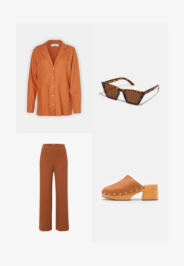 Donkeroranje button-up shirt van linnen, met een uitgesneden kraag, twee borstzakken en zes knopen aan de voorkant. Lange mouwen met manchetten.; Roodbruine wijde broek van ribstof met een elastische tailleband, met een soepele textuur en een relaxte pasvorm.; ASRA JUDE - Clogs - spice tan; Bruin getinte zonnebril met een schildpadmotief, hoekig montuur en slanke armen. Lichtgewicht kunststof materiaal.