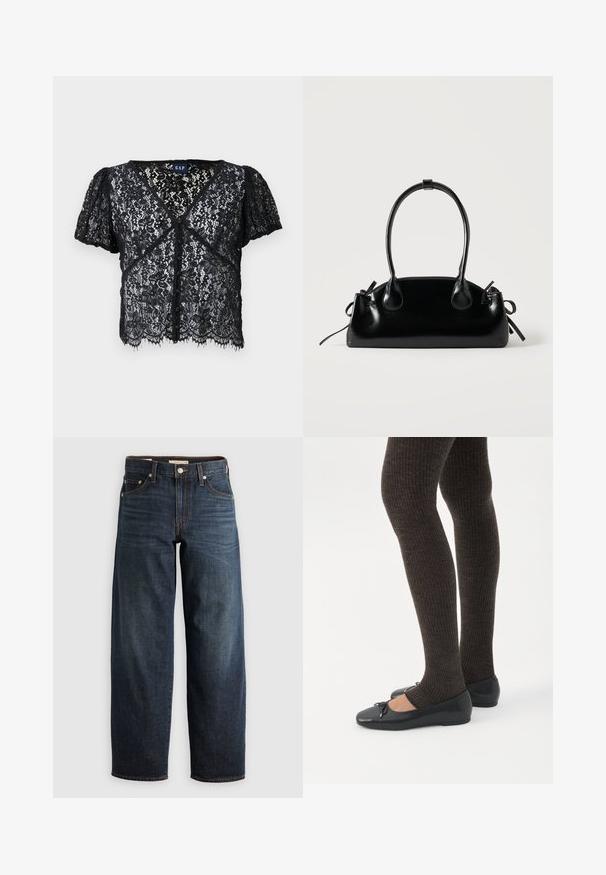 Sort blonder top med korte ærmer, V-hals, knaplukning og bølget kant. Har blomstermønstre over det hele og en let gennemsigtig tekstur.; Mørkeblå denimjeans med lige ben, fem lomme-stil og kontrastsyninger samt knappelukning.; Ben iført mørke ribbede leggings kombineret med sorte balletsko med små sløjfedetaljer på hvid baggrund.; Lille sort blank håndtaske med to lange håndtag og snøre-detaljer i siden på en ensfarvet lys baggrund.