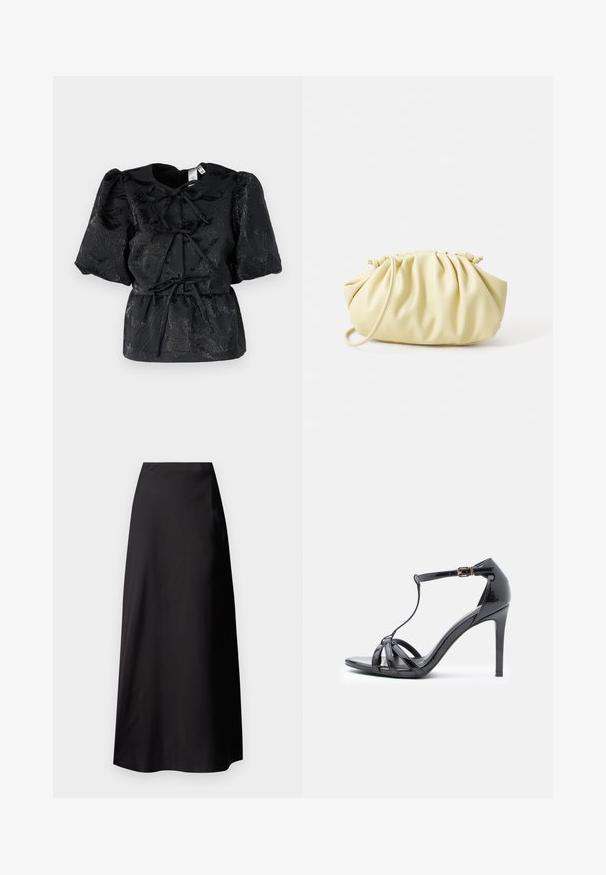 Top noir avec de courtes manches bouffantes, présentant un motif floral texturé et une taille à cordon. Fabriqué dans un tissu brillant avec une légère brillance.; Jupe maxi en satin noir avec une texture lisse, taille haute, silhouette fluide et sans motifs ni détails en métal visibles.; Sandale à talons hauts en cuir verni noir avec des fines lanières, design en T, fermeture à boucle et silhouette élégante et courbée.; Sac à main plissé jaune en simili cuir lisse, arborant une forme douce avec une bandoulière unique et un design froncé sur le dessus.