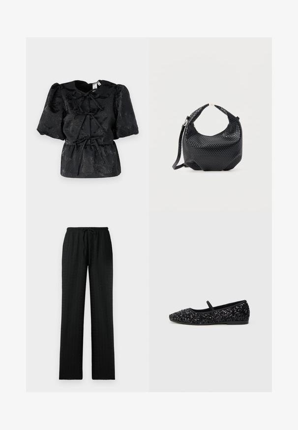 Schwarzes Oberteil mit kurzen Puffärmeln, das ein strukturiertes Blumenmuster und einen Kordelzug in der Taille aufweist. Hergestellt aus einem glänzenden Stoff mit dezentem Schimmer.; Schwarze, strukturierte, weit geschnittene Hosen mit elastischem Bund und verstellbarem Kordelzug; entworfen für Komfort und eine lässige Passform.; Schwarze flache Schuhe mit einer spitzen Zehe, die ein Obermaterial mit Paillettenverzierung, einen schwarzen Riemen über dem Spann und einen niedrigen Absatz aufweisen.; Schwarze gewebte Lederhandtasche mit kurzem Griff und abnehmbarem Schulterriemen, präsentiert vor einem schlichten hellen Hintergrund.