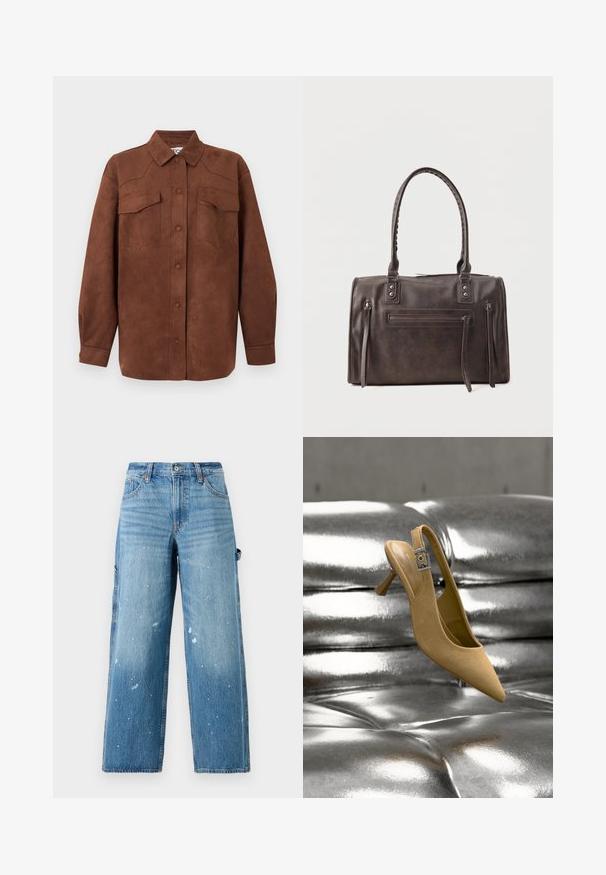 Braune Wildleder-Hemdjacke mit langen Ärmeln, Vorderknopfleiste und zwei Klappentaschen an der Brust.; Hellblaue Denim-Cargo-Jeans mit weitem Bein, ausgewaschenen Bereichen und Farbspritzern. Mit Seitentaschen und Knopfleiste.; Beiger Wildleder-Kittenheel-Slingback-Schuh mit silberner Schnalle, positioniert über einer glänzenden, metallischen, geknöpften Oberfläche.; Dunkelbraune Lederhandtasche mit zwei Griffen, vorderer Reißverschlusstasche und zwei vertikalen seitlichen Reißverschlussdetails vor weißem Hintergrund.