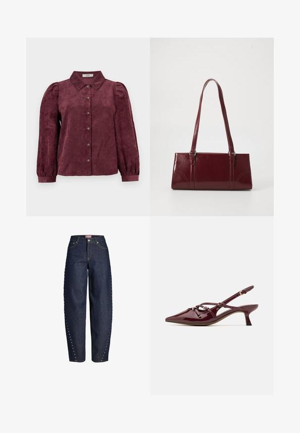 Chemise en velours côtelé bordeaux avec col, boutonnière sur le devant, manches longues bouffantes et poignets élastiqués. Motif de texture verticale sur l'ensemble.; Jean en denim bleu foncé à jambes larges, taille haute, fermeture avant par boutons et fermeture éclair, avec des clous argentés le long des coutures extérieures.; Escarpin en cuir verni bordeaux avec nez pointu, petit talon, détails de bride décoratifs et finition brillante.; Sac à main bordeaux en matériau brillant, de forme rectangulaire, avec deux anses et des accents légèrement courbés à l'avant.