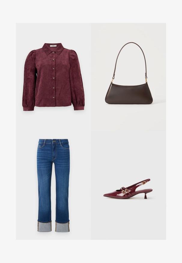 Bordeaux corduroy shirt met een kraag, knoopsluiting aan de voorkant, lange pofmouwen en elastische manchetten. Verticaal textuurpatroon overal.; Blauwe denim jeans met een rechte pijp, voorzien van opgerolde manchetten in lichtgrijs. Middenhoogte taille en traditionele vijf-pocketdesign.; Bordeaux lakleren slingback schoen met een spitse neus, twee platte banden met gouden gespen en een kleine hak.; Donkerbruine leren handtas met een gebogen bovenrits en een dunne schouderriem met gouden sluitingen op een effen achtergrond.