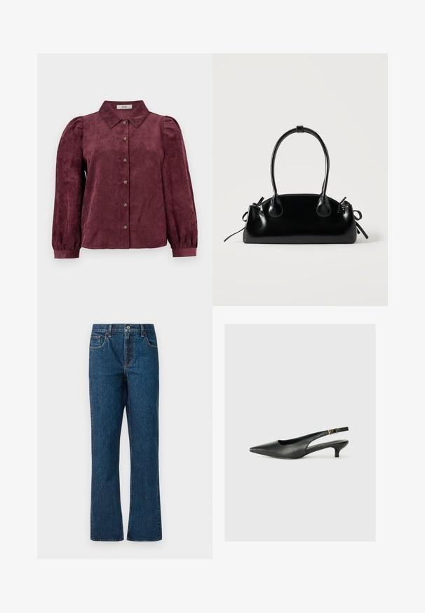 Bordeaux corduroy shirt met een kraag, knoopsluiting aan de voorkant, lange pofmouwen en elastische manchetten. Verticaal textuurpatroon overal.; Donkerblauwe denim jeans met een rechte pijp, voorzien van vijf zakken, een middelhoge taille en contrasterende stikdetails.; Zwarte puntschoen met slingback van soepel leer. Kenmerkt zich door een dunne hak en een gespdetail op de verstelbare band.; Kleine zwarte glanzende handtas met twee lange hengsels en zijkant trekkoord details op een effen lichte achtergrond.