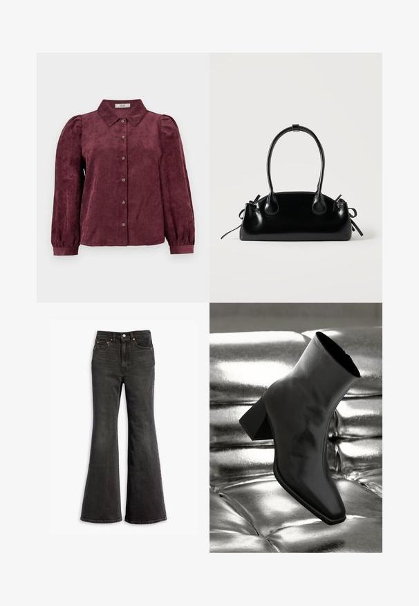 Chemise en velours côtelé bordeaux avec col, boutonnière sur le devant, manches longues bouffantes et poignets élastiqués. Motif de texture verticale sur l'ensemble.; Jean en denim noir taille haute avec une jambe évasée, conception à cinq poches et accents en rivets cuivrés.; Botte noire à la cheville en matériau brillant avec un bout carré et un talon effilé, sur un fond argenté brillant et capitonné.; Petit sac à main noir brillant avec deux longues anses et des détails à cordon sur les côtés sur un fond clair uni.