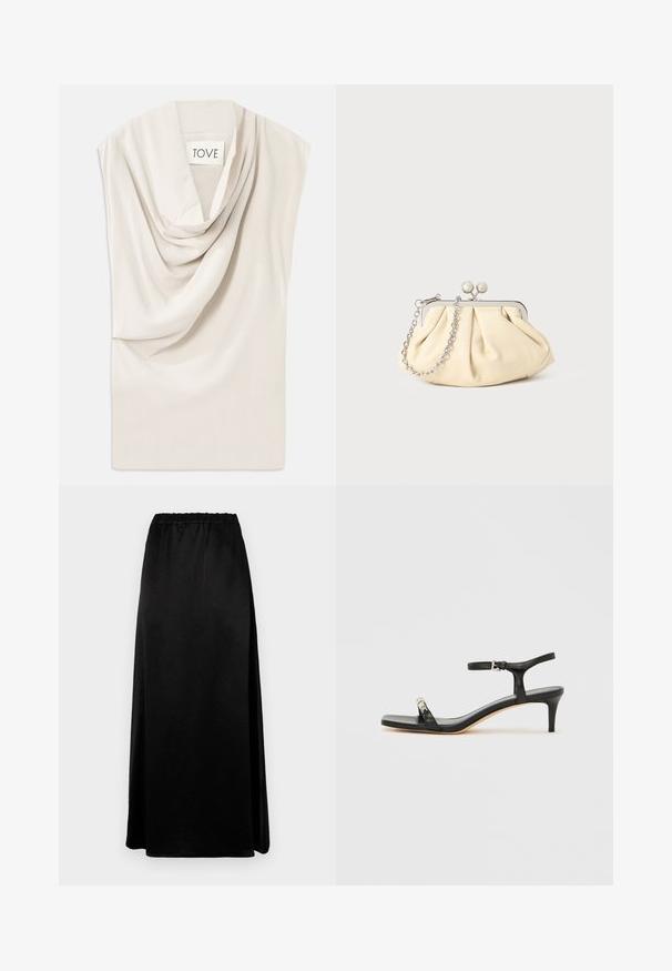 Lys beige top med draperet halsudskæring, lavet af blødt stof. Har en subtil glans og bred, ærmeløs design. Etiketten siger "TOVE."; Lang sort nederdel med en glat, krøllet tekstur og en elastisk talje. Har en sideslids for nem bevægelse og en strømlinet silhuet.; Sort læder sandal med hæl og ankelrem, åben tå, firkantet front og sølvfarvede metalaccenter. Figurformet design med en slank profil.; Plisseret beige læderclutch med en sølvmetalramme, der har to runde dekorative låse og en sølvkædetrasporte.