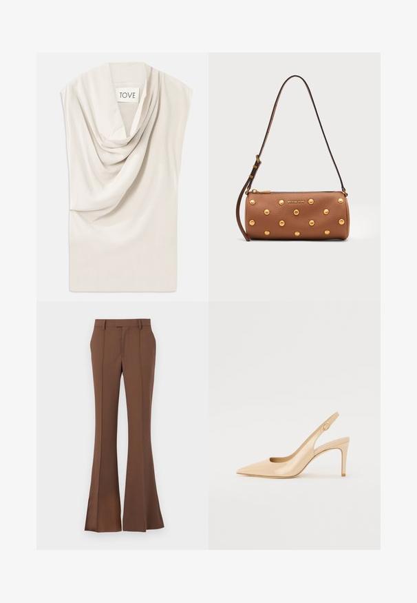 Lichtbeige top met gedrapeerde halslijn, gemaakt van zachte stof. Heeft een subtiele glans en een brede, mouwloze ontwerp. Label leest "TOVE."; Bruine uitlopende broek van gladde stof, met een platte voorkant, riemlussen en een op maat gemaakte pasvorm met subtiele plooi-details.; Nude gepatineerd leren slingbackhak met een spitse neus, open vamp en een dunne stilettohak. Bevat een ronde gouden accent op de band.; Bruine leren cilindervormige handtas met gouden studs, verstelbare band en gouden Michael Kors-logo aan de voorkant.