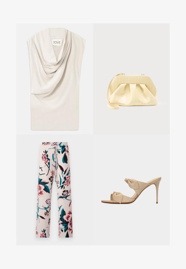 Lys beige top med draperet halsudskæring, lavet af blødt stof. Har en subtil glans og bred, ærmeløs design. Etiketten siger "TOVE."; Diane von Furstenberg DIANE PANT - Bukser - light pink; Beige åben tå højhælet mule-sandal med to snoede knudestrimler og en slank stilet-hæl på hvid baggrund.; Clutch-taske i cremefarvet læder med en struktureret topramme og håndledsrem, vist mod en enkel lys baggrund.