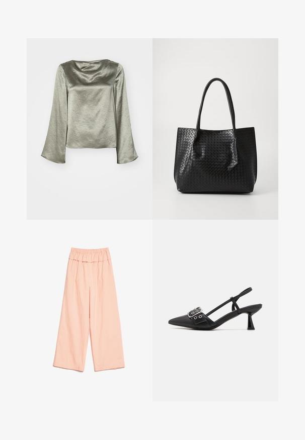 Top de manga larga y cuello redondo en un verde oliva metálico, con una textura arrugada y mangas acampanadas. Detalle de cierre en la parte posterior visible.; Pantalones anchos de color rosa suave con una cómoda cinturilla elástica alta y un corte holgado, exhibidos sobre un fondo blanco.; Simmi London DALA - Tacones - black; Bolso tote de cuero trenzado negro con dos asas, forma estructurada y un sutil acabado brillante sobre un fondo claro.
