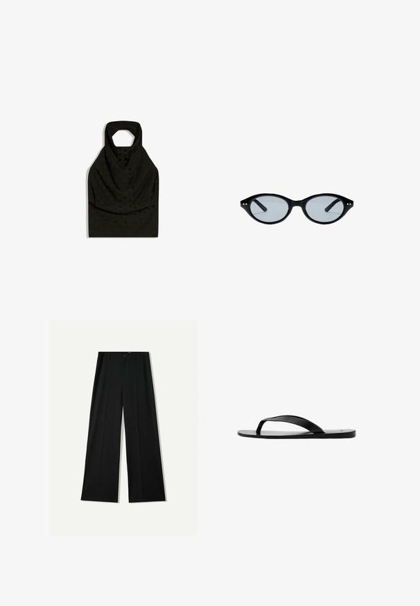 Schwarzes Neckholder-Top mit subtiler Pünktchenstruktur und Drapierung vorne, flach auf weißem Hintergrund gelegt.; Bershka WIDE - Stoffhose - black; Schwarze flache Flip-Flop-Sandale mit dünnem Y-förmigem Riemen und glatter Sohle, von der Seite vor weißem Hintergrund gezeigt.; Schwarze ovale Sonnenbrille mit dünnem Gestell und kleinen goldenen Punkten nahe den Scharnieren, mit leicht getönten Gläsern.