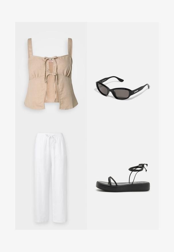 Beige linnen crop top met dunne bandjes en een sluiting met een strik aan de voorkant. Voorzien van geplooide details en een uitlopende zoom. Soepele textuur.; Witte linnenmix loszittende broek met elastische tailleband en vooraan trekkoord, rechte pijp.; Zwarte platte sandalen met een brede zool, dunne banden en een verstelbare strik bij de enkel. Zachte textuur met een minimalistisch ontwerp.; Zwarte zonnebril met een rechthoekig frame, donkere lenzen, gladde plastic materiaal en een metalen accent op de poot.