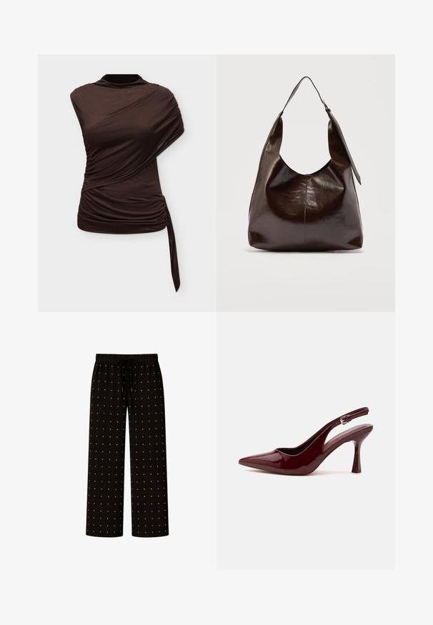 Haut asymétrique sans manches marron foncé avec un col montant, des détails froncés et un lien latéral suspendu à l'ourlet.; Pantalon ample noir avec une taille élastique, cordons de serrage et un motif de petits points dorés régulièrement espacés.; Chaussure à talon haut slingback rouge foncé brillant à bout pointu, avec une fine bride réglable et un talon aiguille effilé sur fond blanc.; Sac à bandoulière en cuir marron foncé brillant avec une seule large sangle et un détail de boucle sur un côté, posé sur un fond clair uni.