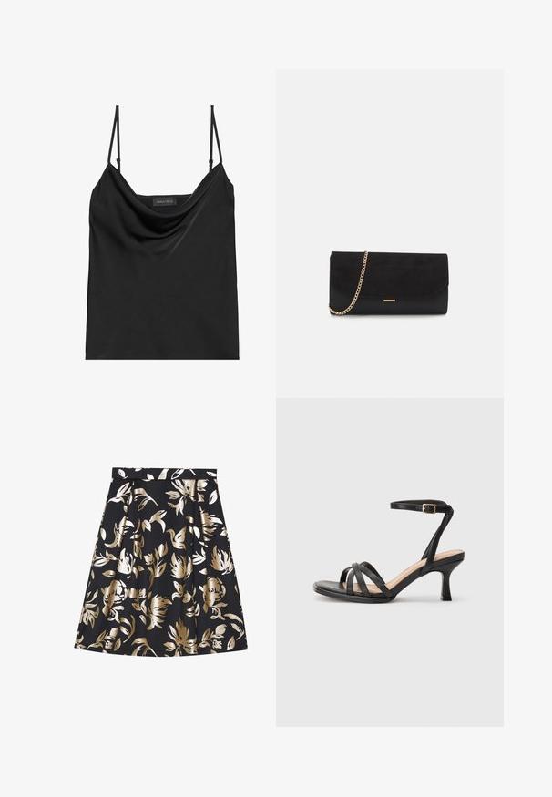 Camisole noir avec un décolleté en cowl et des bretelles fines et ajustables. Caractérisé par un tissu lisse, une coupe décontractée et un design simple sans embellissements.; Anna Field by Zalando Jupe trapèze - black; Sandales à talons noirs avec plusieurs fines lanières sur le bout, une seule lanière à la cheville avec une boucle dorée, et un bout carré.; Porte-monnaie noir en daim avec une finition texturée, doté d'une chaîne dorée et d'un design épuré et angulaire.