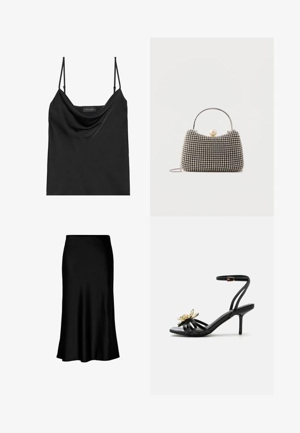 Camiseta de tirantes negra con escote de cuerda y tirantes finos ajustables. Presenta una tela suave, un ajuste relajado y un diseño sencillo sin adornos.; Falda midi de satén negro con una textura suave, dobladillo acampanado y una cinturilla ajustada, que presenta un diseño simple y clásico.; Sandalia negra con tiras y tacón alto, hebilla en el tobillo y detalle de flor metálica dorada en la tira frontal sobre un fondo blanco.; Pequeño bolso de mano con patrón de cuadrícula plateada, asa curva, gran cierre de perla y una delgada correa de cadena plateada sobre un fondo liso.