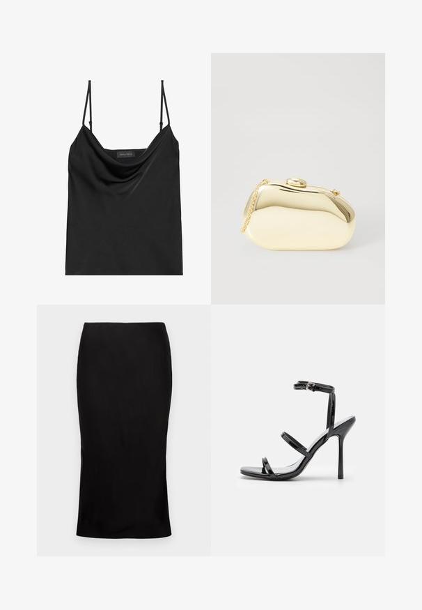 Sort camisole med cowl-udskæring og tynde justerbare stropper. Har glat stof, afslappet pasform og et enkelt design uden pynt.; Sort, tætsiddende midi-nederdel med en glat tekstur, detaljer med sideslids og en klassisk talje. Designet til en elegant silhuet.; Sorte patentlæder højhælede sandaler med tre horisontale stropper og en justerbar ankelstrop. Elegant silhuet og skinnende finish.; Metallic guld clutch med en glat, rund form, udstyret med en topknap-lås og et lille kædehåndtag til bæring.