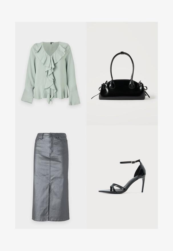 Blusa verde claro con escote en V, detalle de volantes en la parte frontal, mangas largas con puños acampanados y una silueta fluida.; Falda de mezclilla gris metálico con forma recta, abertura frontal, diseño de cinco bolsillos y cierre de botón en la cintura. Se pueden ver las costuras planas.; Sandalia de tacón alto de charol negro con una fina correa en el tobillo, punta abierta y diseño minimalista sobre un fondo claro y liso.; Pequeño bolso negro brillante con dos asas largas y detalles de cordón lateral sobre un fondo claro liso.