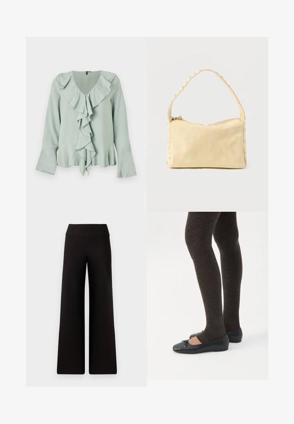 Blouse vert clair avec un décolleté en V, détail froncé à l'avant, manches longues avec des volants aux poignets, et une silhouette fluide.; Pantalons larges noirs avec une taille lisse, fabriqués dans un matériau doux. Présentent une coupe ample et des détails de couture minimaux.; Jambes portant des leggings côtelés foncés associés à des ballerines noires avec de petits détails en nœud sur fond blanc.; Petit sac à main en cuir beige avec une seule bandoulière et des clous argentés le long des bords et de la bandoulière, posé sur un fond uni.