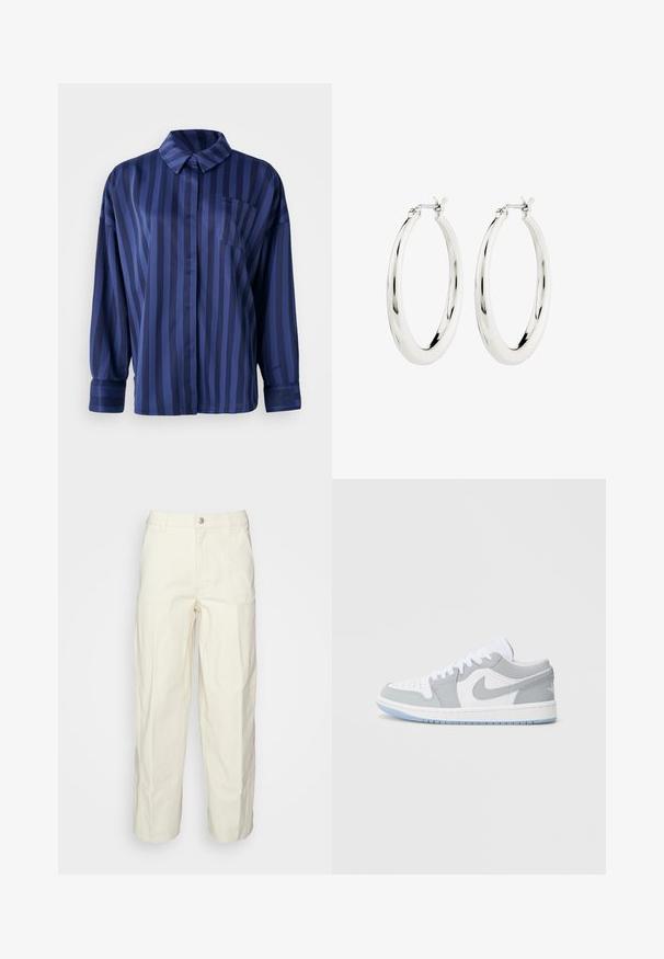 Marineblauw gestreepte shirt met kraag, borstzak en lange mouwen. Gemaakt van een gladde, glanzende stof met een losse pasvorm.; Lichtbeige utilitybroek met een relaxte pasvorm, knoopsluiting en opgestikte zakken aan de voorkant. Gemaakt van duurzame katoenen stof.; Nike-sneakers met een mix van grijs en wit leer, geperforeerde neus, veters en een lichtblauwe buitenzool met logo-ontwerp.; Zilveren oorbellen in de vorm van een gladde, glanzende ring. Circulaire vorm, voorzien van een veilige sluiting. Eenvoudig en elegant ontwerp.