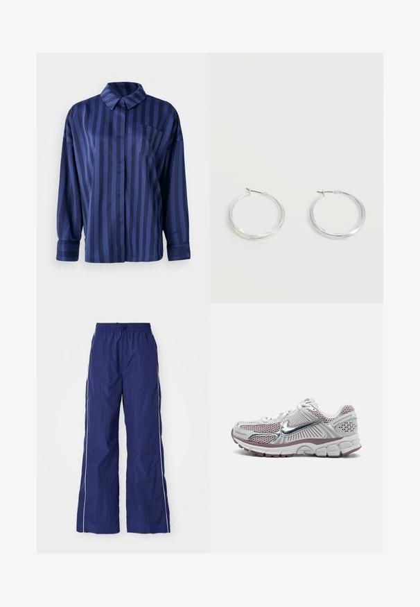 Camisa a rayas azul marino con cuello, bolsillo en el pecho y mangas largas. Confeccionada en una tela suave y brillante con un corte holgado.; Pantalones de pierna ancha, ligeros y de color azul marino, con cintura elástica y cordón, que cuentan con rayas blancas a los lados y una textura arrugada.; Zapatilla deportiva de Nike con parte superior de malla blanca con detalles plateados, detalles en rosa y una suela gruesa, acolchada y texturizada.; Pendientes de aro de metal plateado con superficie lisa y ligeramente curvada y cierre de tipo mosquetón sobre un fondo blanco liso.
