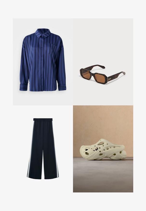 Marineblauw gestreepte shirt met kraag, borstzak en lange mouwen. Gemaakt van een gladde, glanzende stof met een losse pasvorm.; Wijde broek in marineblauw stof met een zachte textuur. Kenmerkt zich door een rekbare tailleband, zijzakken en witte strepen langs de zijkanten.; Een paar crèmekleurige instapklompen met meerdere ventilatiegaatjes, geplaatst op een beige tapijt naast een lichtbruine bank.; schildpad zonnebril met een hexagonale montuur, bruine lenzen en een gouden 'QUAY' logo op de arm. Gladde textuur, stevige constructie.