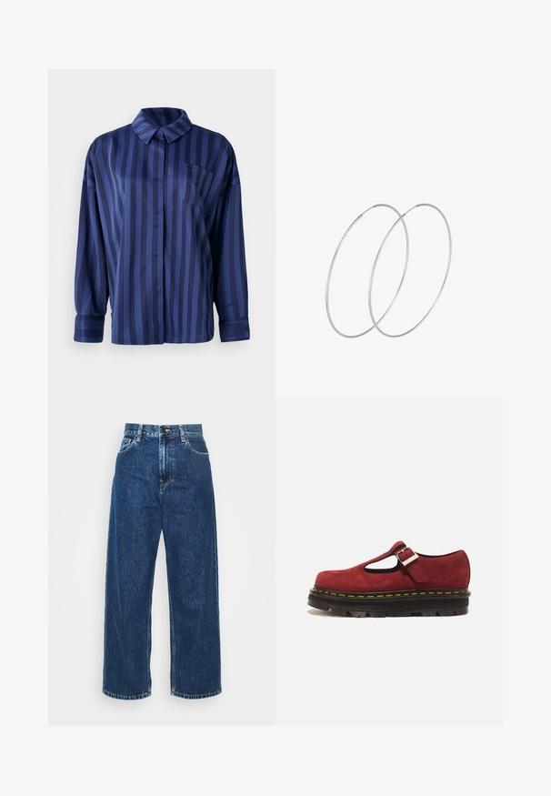 Mørkeblå stribet skjorte med krave, brystlomme og lange ærmer. Lavet af et glat, skinnende stof med en løs pasform.; Lysblå denim brede ben jeans med høj talje, synlig syning og standard lommer. Har en knap- og lynlåslukning.; Rød ruskind Mary Jane-sko med tyk sort sål, gul syning og sølv spænde på hvid baggrund.; Sølvøreringe med et minimalistisk design. Cirkulær form, glat tekstur og tynd profil. Letvægtige med en poleret overflade.