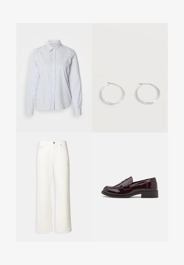 Blå- og hvidstribet skjorte med knapper, klassisk krave, lange ærmer og en lige kant. Stoffet har en glat tekstur.; Hvide jeans med vide ben, foran med knap, bæltestropper og fem-lomme design.; Bordeaux patenterede læderslippers med en lav blokhæl, der har traditionel syning og en stropdetalje over forfoden.; Sølvfarvede metaloorringe med glat, let buet overflade og låsemekanisme på en ensfarvet hvid baggrund.