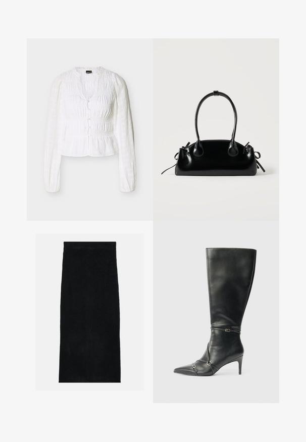 Blouse blanche à manches longues avec tissu froncé, boutonnée sur le devant, col rond et épaules légèrement bouffantes.; Jupe en éponge noire, présentant une surface douce et texturée ainsi qu'une taille ajustée. Le design est simple et uniforme, sans motifs ni accents.; Bottes noires en cuir montant jusqu'au genou, avec un talon fin, un bout pointu et des détails de lanière à la cheville. Texture lisse et design ajusté.; Petit sac à main noir brillant avec deux longues anses et des détails à cordon sur les côtés sur un fond clair uni.