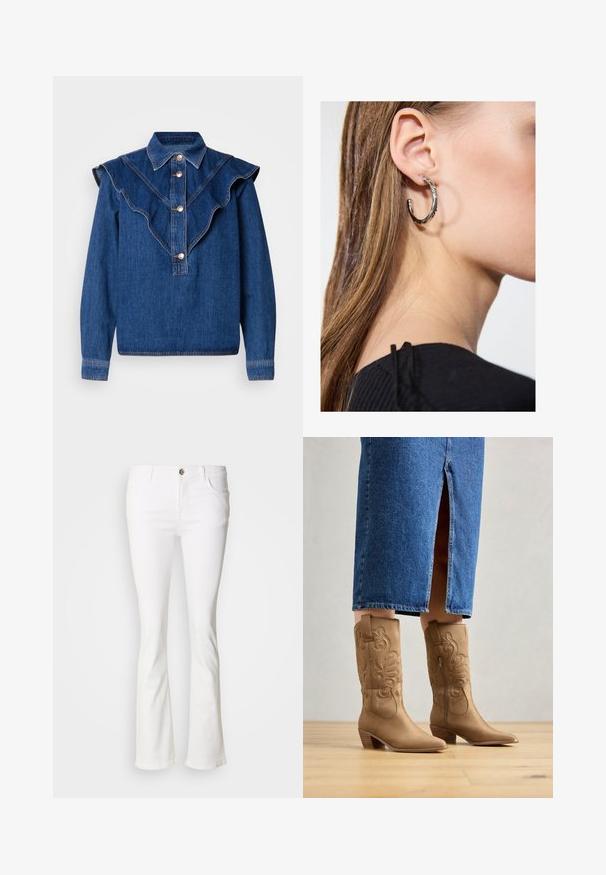 Denim blouse in donkerblauw met een gerimpelde kraag, knoopsluiting aan de voorkant en lange mouwen. Bevat subtiele stikdetails en heeft een relaxte pasvorm.; Witte wijde jeans met vijf zakken, een knoop- en ritssluiting, en zichtbare stiksels. Gemaakt van denimstof met een gladde textuur.; Tan leren westernlaarzen met decoratieve stiksels, een spitse neus en een gestapelde hak. Draag met een spijkerrok tot de knie, waardoor de laarzen zichtbaar zijn.; Zilveren oorbel met een gepolijste afwerking, met kleine gouden accentdetails en een ronde vorm, gedragen op de oorlel.