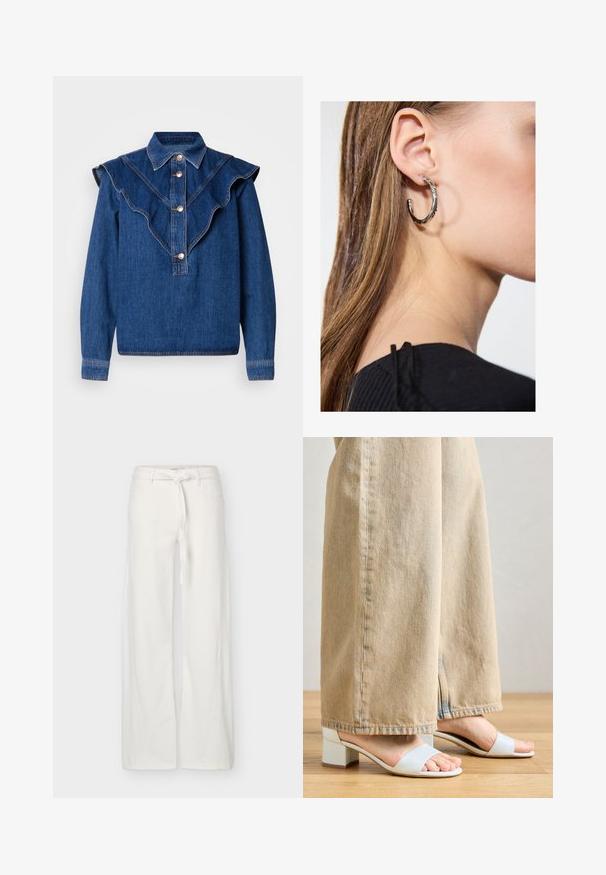 Chemise en denim bleu foncé avec un col volants, fermeture à boutons sur le devant et manches longues. Présente des détails de couture subtils et une coupe décontractée.; Pantalon blanc à jambes larges avec poches avant et ceinture en tissu nouée à la taille, présenté sur un fond uni.; Sandales à talons carrés bleu clair avec deux larges lanières. Portées avec un pantalon large beige, mettant en valeur le design de la chaussure contre la texture du tissu.; Boucle d'oreille en argent avec une finition polie, présentant de petits détails en or et de forme ronde, portée sur le lobe.