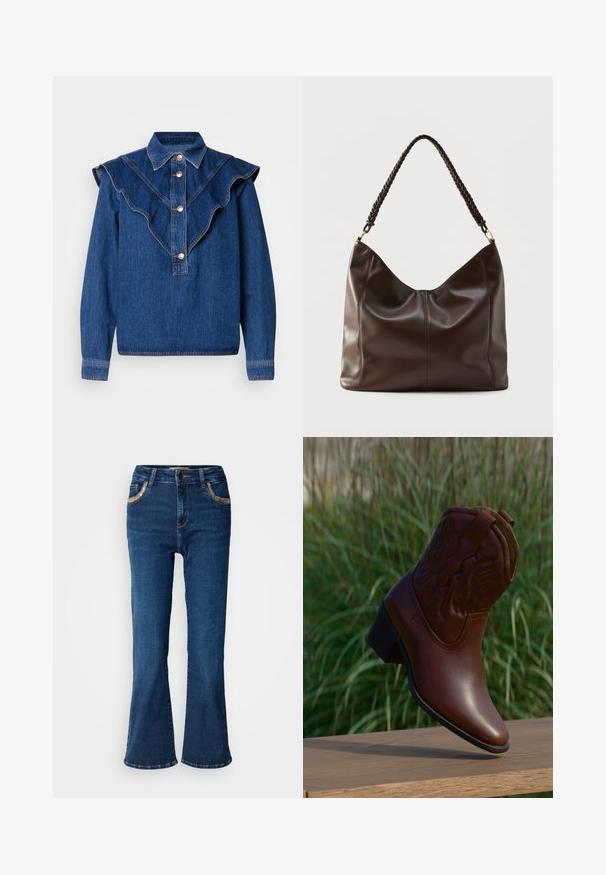 Mørkeblå denimskjorte med flæsekrave, frontknaplukning og lange ærmer. Har subtile syningsdetaljer og en afslappet pasform.; Mørkeblå brede jeans med en glat denimoverflade, kontrasterende gyldne syninger og forlommer. Klassisk fem-lomme design.; Brun læder cowboystøvle med dekorative syninger, vinklet opad på en træflade med sløret grønt græs i baggrunden.; Mørkebrun læder skuldertaske med flettet håndtag og synlige sømdetaljer på forsiden.