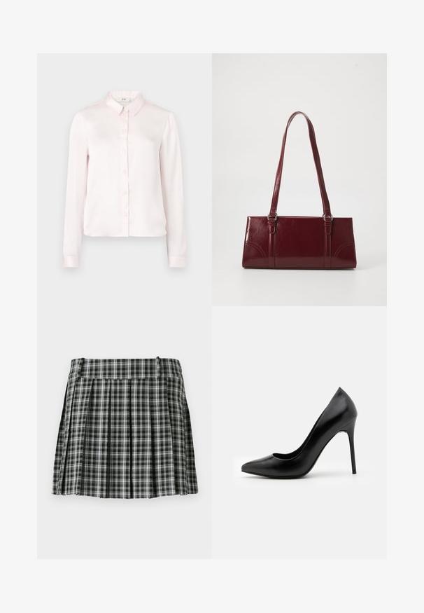 Chemise en satin rose clair à manches longues avec col, fermeture à boutons et manches à poignets, présentant une texture lisse et un design classique.; Jupe plissée à carreaux noir et blanc avec une taille lisse et de multiples plis verticaux. Fabriquée en tissu léger.; Escarpin noir en cuir avec un bout pointu et une texture lisse. Dispose d'un talon aiguille fin et d'un décolleté bas.; Sac à main bordeaux en matériau brillant, de forme rectangulaire, avec deux anses et des accents légèrement courbés à l'avant.