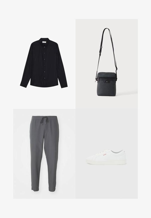 Sort langærmet skjorte med knapper og klassisk krave, præsenteret fladt mod en hvid baggrund.; Grå joggebukser lavet af glat stof, med elastisk talje og snøre, tætsiddende ben og sidelommer.; Hvid lav sneaker med hvide snørebånd, tyk sål og lille rød "HUGO"-logo på siden og baghælen.; Lille grå crossbody-taske med justerbar rem, lynlåslomme foran og præget "BOSS" logo på frontpanelet.