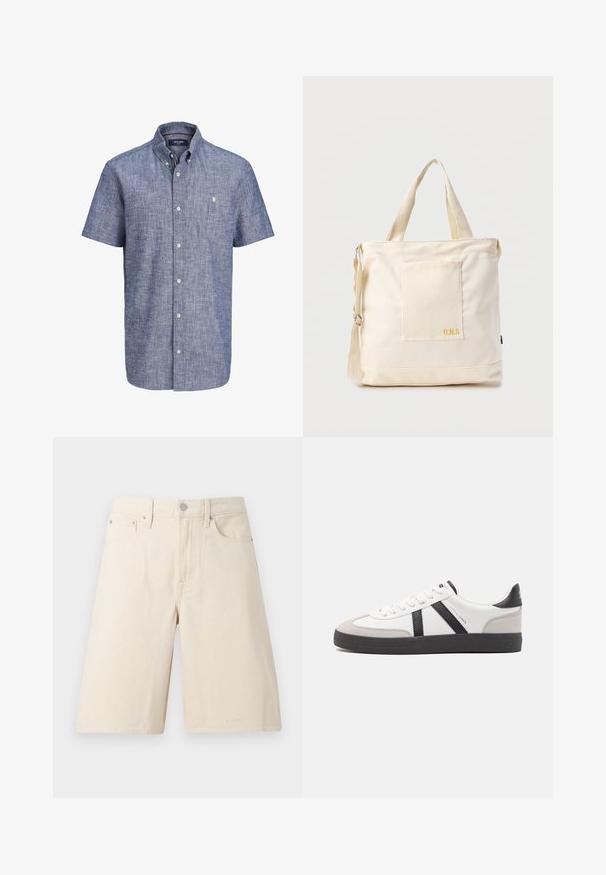 Chemise bleu chambray à manches courtes, boutonnée, avec col et petit logo sur la poitrine, présentée sur un fond blanc uni.; Short en jean écru mi-longueur avec bouton avant, fermeture éclair, passants pour ceinture et design à cinq poches sur fond blanc.; Baskets blanches avec des accents noirs et gris, présentant un embout texturé gris, une semelle en caoutchouc noir et des lacets plats blancs. Design épuré, style minimaliste.; Sac fourre-tout en toile crème avec poche avant, deux poignées, bandoulière réglable et petit texte jaune "O.N.S" en bas à droite de la poche.