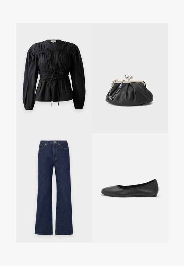Sort bluse med lange ærmer, rynket stof, smocket talje og bindedetalje, med rund halsudskæring og glat overflade.; Mørkeblå vidde jeans lavet af denim. Har en knaplukning, forlommer og kontrasterende syninger. Ren, klassisk design.; Sort læderballetsko med rund tå, glat tekstur, minimal syning og et fleksibelt såldesign.; Sort læder clutch med samlet tekstur, sølvfarvet metalramme, kys-lås lukning og kædestrop. Glat, blød overflade.