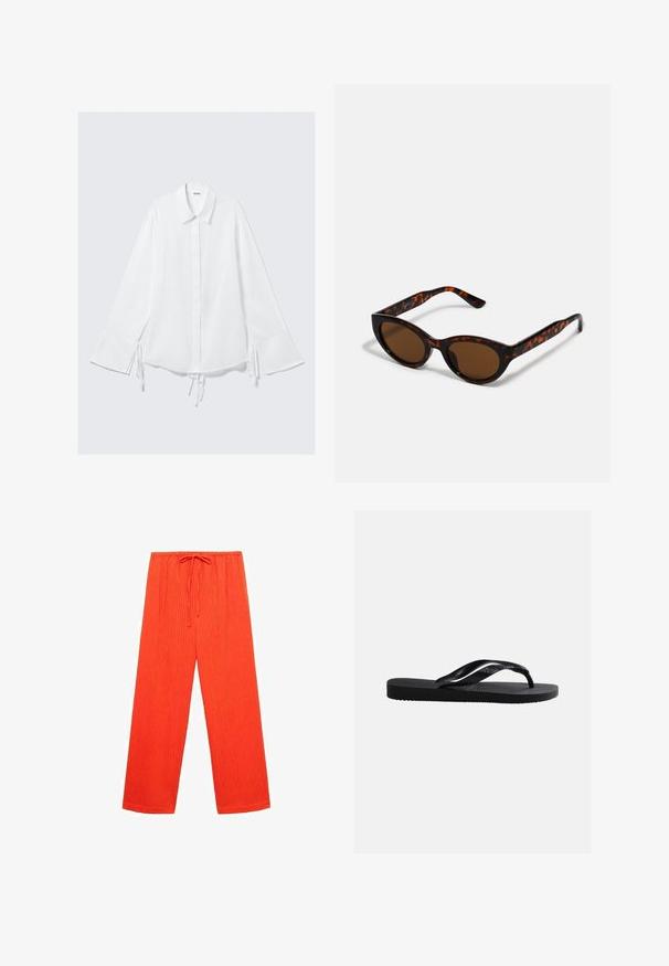 Camisa de algodón blanca con cuello, mangas largas y lazos ajustables en los puños. Con botones en la parte delantera y un ajuste ligeramente holgado.; Pantalones anchos rojos, hechos de un tejido texturizado con acanalado vertical y una cinturilla elástica con cordón para ajustarse.; Sandalia tipo chancla negra de goma con suela texturizada y correas lisas, vista lateral sobre un fondo liso gris claro.; Gafas de sol de carey marrón con una forma vintage de ojo de gato y lentes marrones. Presentan brazos curvados con acentos rojos.