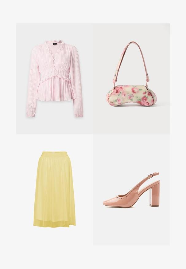 Lyserød langærmet bluse med flæset V-hals, knapper foran, indsnøret talje og plisserede, flydende stofdetaljer.; Gul, plisseret midiskirt med en blød, blank overflade og elastisk talje, designet til komfort og bevægelsesfrihed.; Skinnende, lyserød lak sko med slank hæl, perforerede detaljer og blokhæl, set fra siden på hvid baggrund.; Håndtaske med blomstermønster og buet form, primært cremefarvet med pink roser, med en pink rem og en sølvfarvet logo-detalje. Glat tekstur.