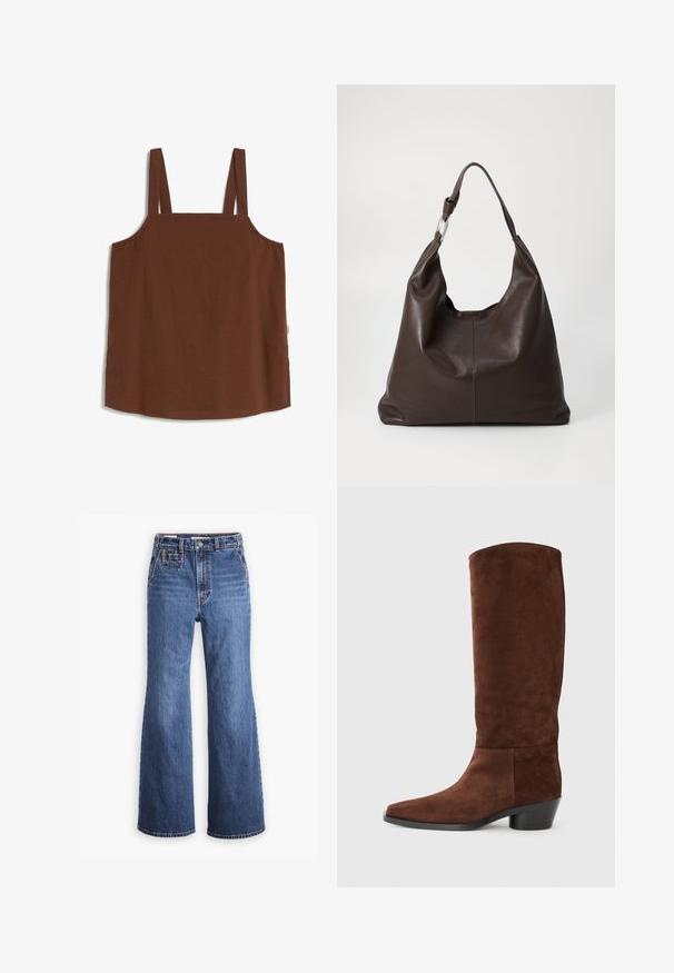 Top sin mangas marrón con textura, con tirantes anchos y escote cuadrado, colocado plano sobre un fondo blanco.; Pantalones vaqueros de denim azul de cintura alta con un diseño de pierna ancha, que cuentan con un bolsillo delantero, cierre de botón de bronce y costuras en contraste.; Bota de ante marrón hasta la rodilla con punta cuadrada, superficie texturizada y tacón bajo. Diseño sencillo sin herrajes o acentos visibles.; Zign Bolso shopping - chocolate brown