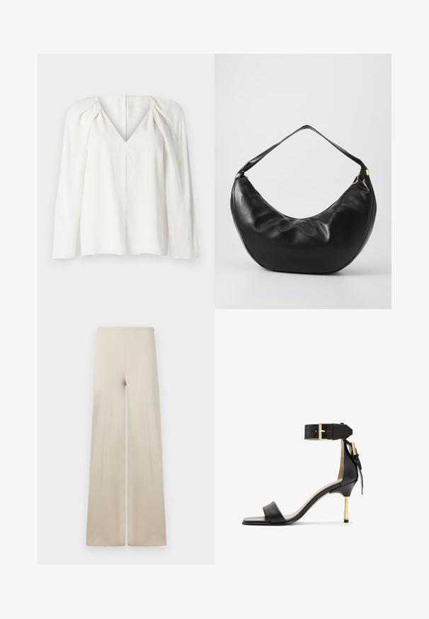 Blusa blanca de manga larga con un profundo escote en V, con detalles plisados en los hombros y un dobladillo recto. Tejido suave con un brillo sutil.; Pantalones anchos beige fabricados con una tela suave y de textura lisa. Cuentan con una cintura elástica alta para mayor comodidad y un diseño limpio y minimalista.; Sándal de tacón de cuero negro con punta cuadrada, correa en el tobillo con hebilla dorada y un tacón metálico esbelto. Textura suave, diseño minimalista.; Bolso de hombro de cuero negro con una forma curva, textura suave y una sola correa; cuenta con un zipper dorado y un branding sutil.