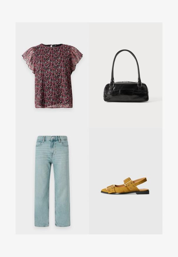 Zwarte doorschijnende blouse met rood en roze bloemenpatroon en vlindermouwen, voorzien van een ronde halslijn en een knoopsluiting met een open rug.; Lichtblauwe wijde jeans van denim, met een klassieke vijf-pocketontwerp, strakke lijnen en een normale tailleband met een knoopsluiting.; Geel suède slingback schoen met twee grote gespen, ronde neus, lage hak en zwarte zool. Bevat perforaties op de banden.; Zwarte leren handtas met een rechthoekige vorm, voorzien van een enkele gestructureerde handgreep, zilveren hardware en ritsluiting. Gladde textuur.